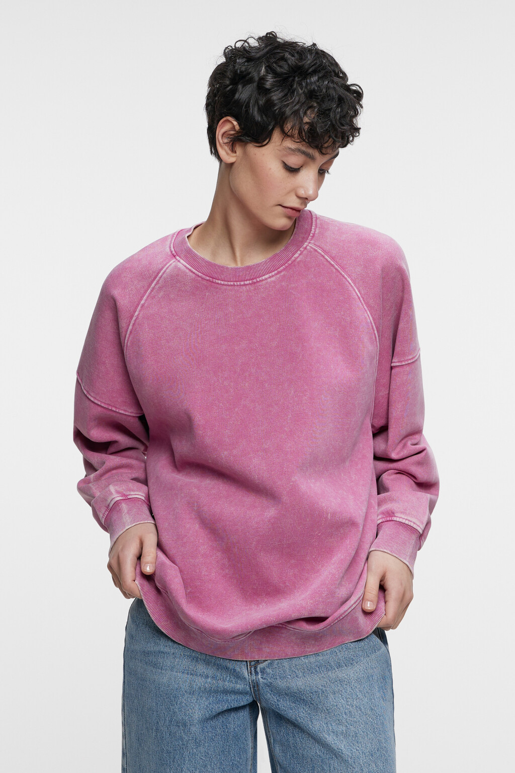 Свитшот oversize хлопковый с состаренным эффектом - цвет розовый - 1