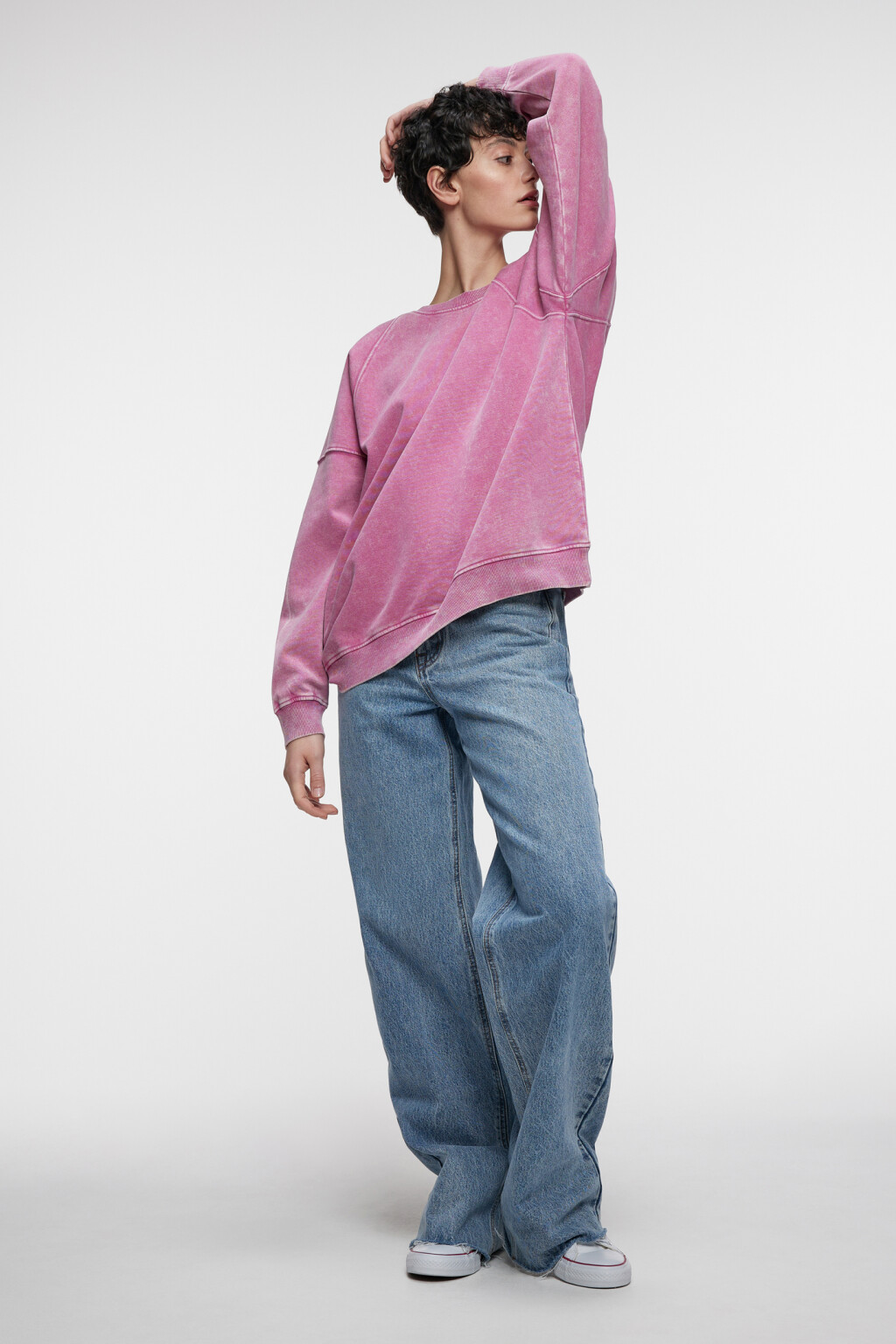 Свитшот oversize хлопковый с состаренным эффектом - цвет розовый - 4