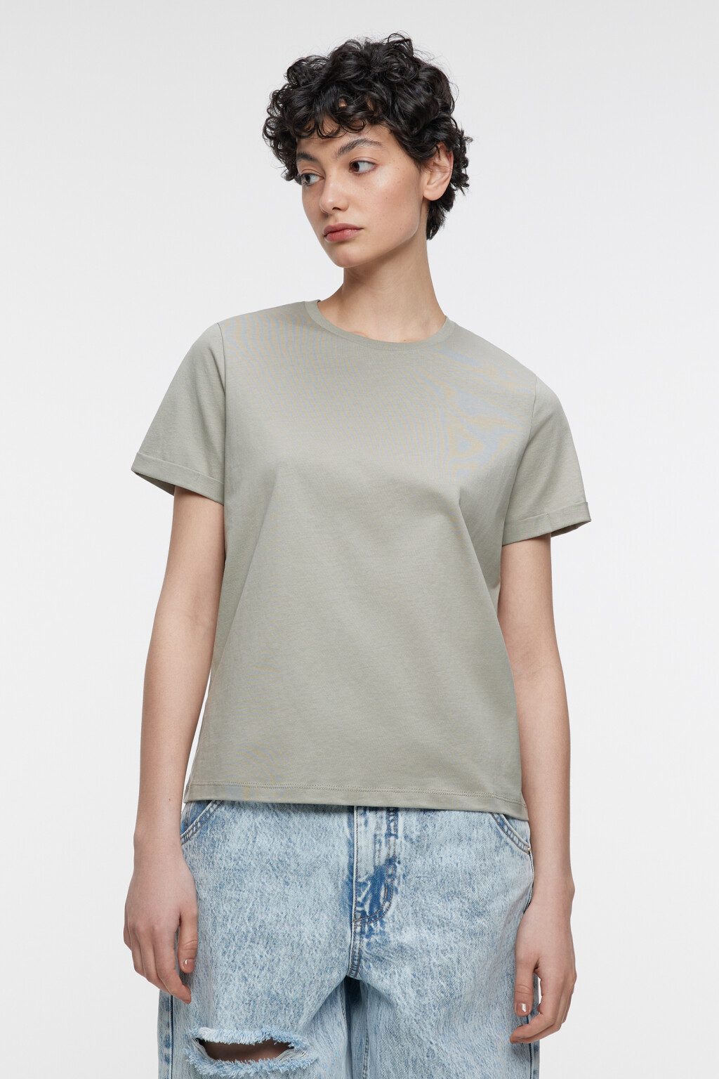 Футболка хлопковая прямая с подвернутыми рукавами - цвет зеленый - 1