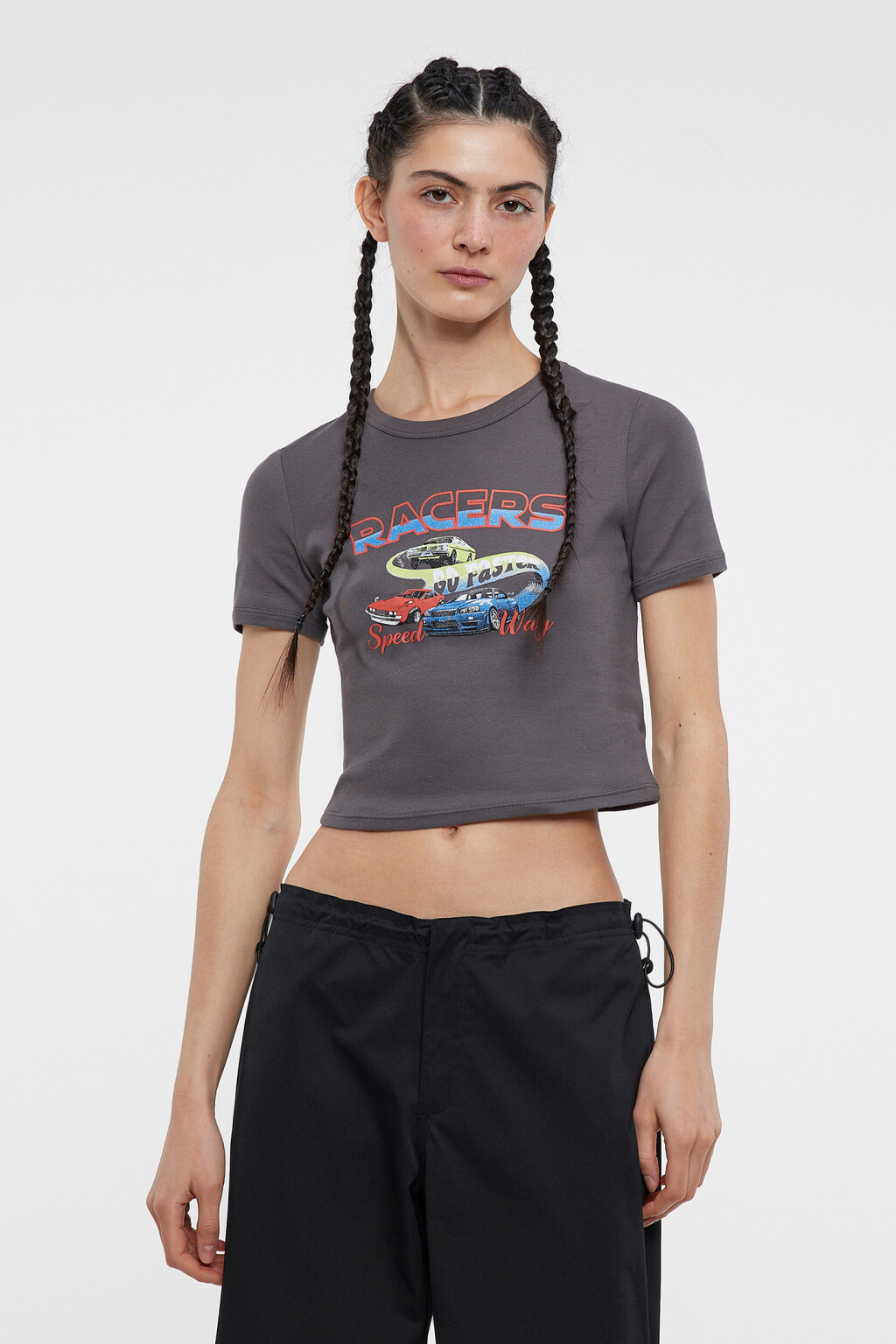 Футболка-топ хлопковая укороченная с принтом - цвет серый - 2