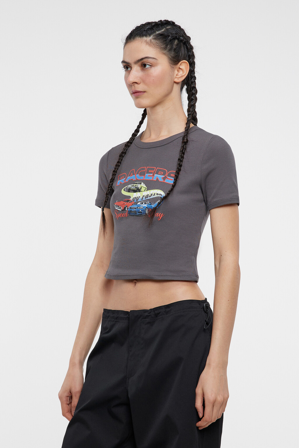 Футболка-топ хлопковая укороченная с принтом - цвет серый - 3