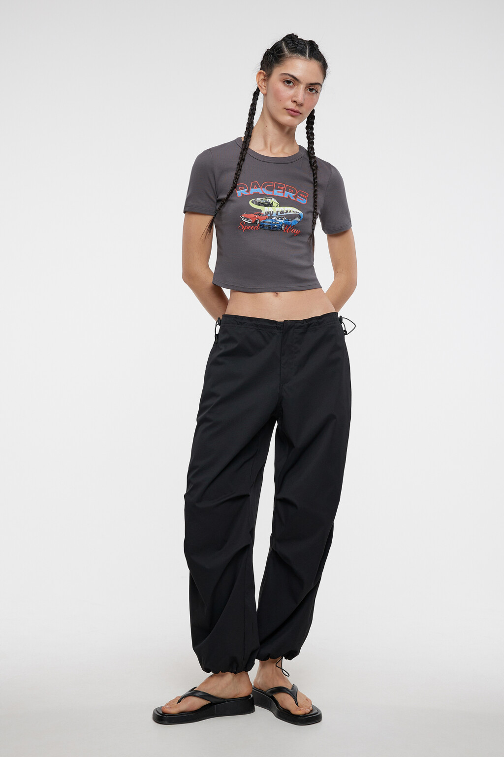 Футболка-топ хлопковая укороченная с принтом - цвет серый - 1