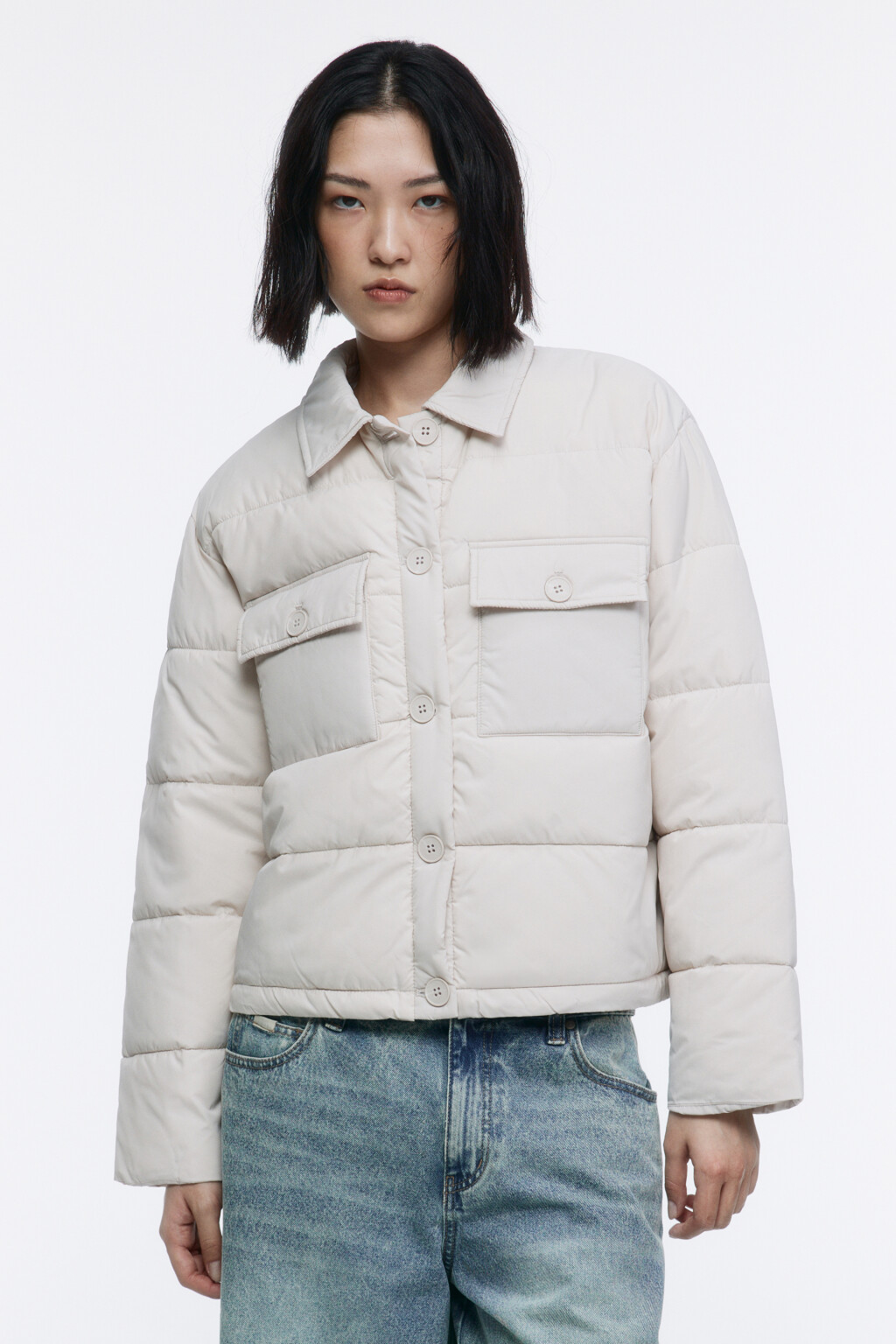 Куртка-рубашка стеганая с накладными карманами - цвет бежевый - 2