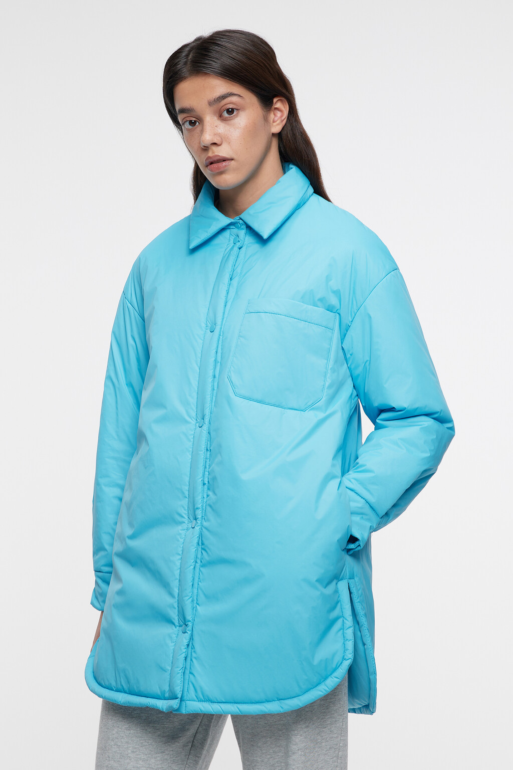 Куртка-рубашка oversize утепленная с нагрудным карманом - цвет голубой - 3