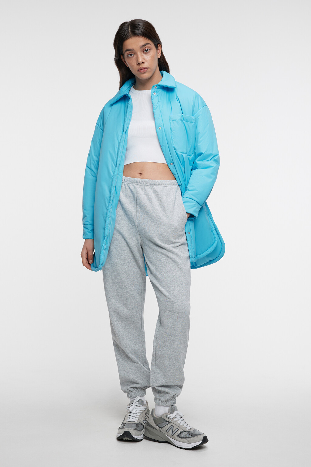 Куртка-рубашка oversize утепленная с нагрудным карманом - цвет голубой - 1