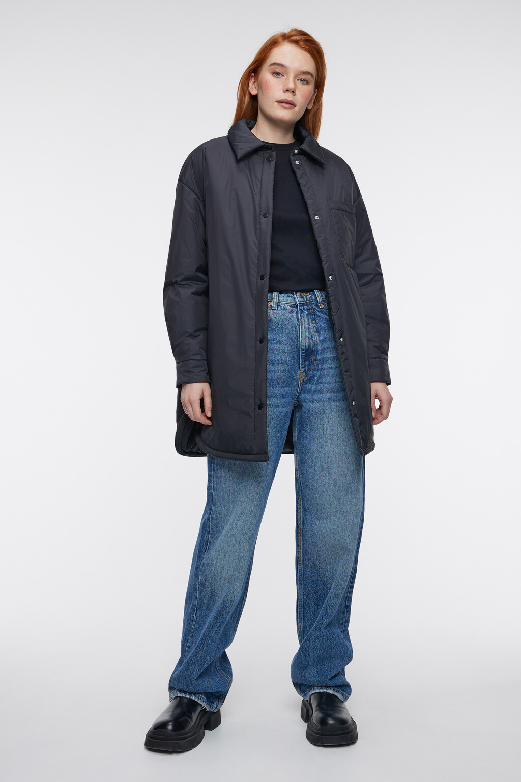 Куртка-рубашка oversize утепленная с нагрудным карманом - цвет черный - 4