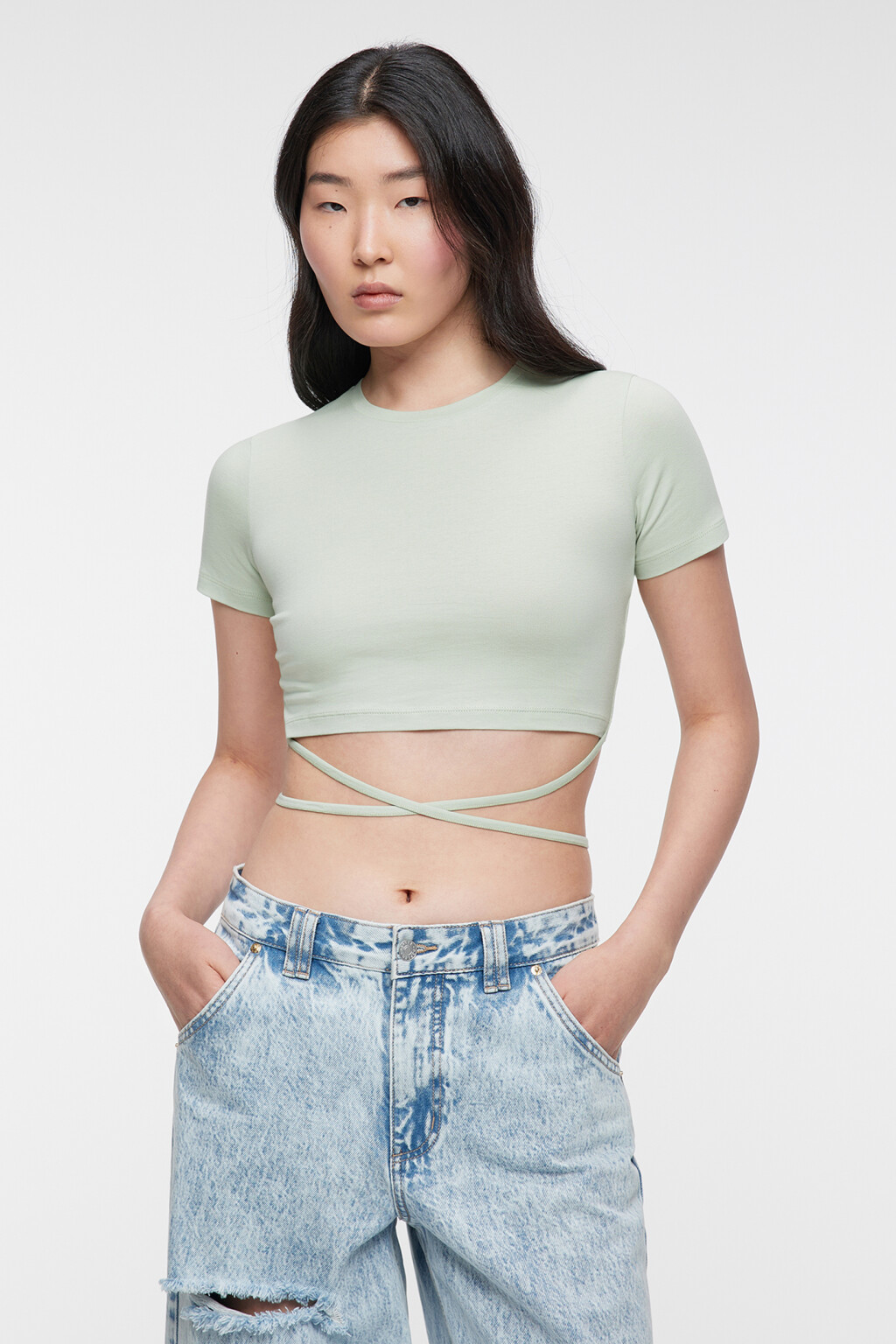 Топ-футболка хлопковый укороченный с завязками на талии - цвет желтый - 2