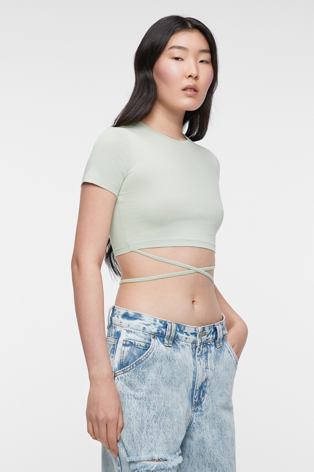 Топ-футболка хлопковый укороченный с завязками на талии - цвет желтый - 3