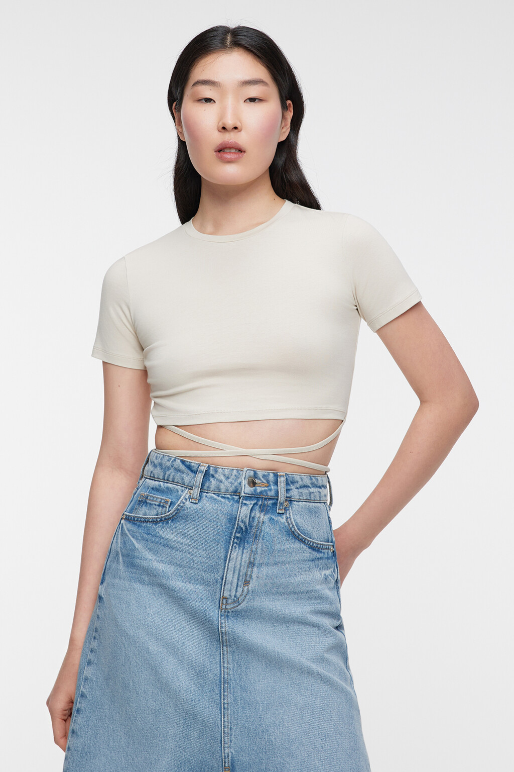 Топ-футболка хлопковый укороченный с завязками на талии - цвет бежевый - 1