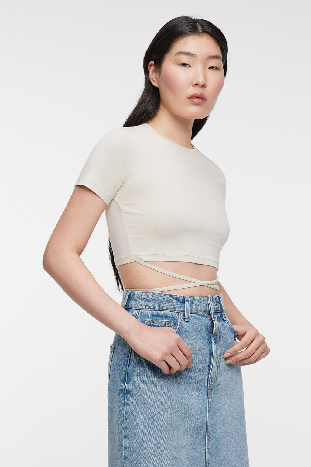 Топ-футболка хлопковый укороченный с завязками на талии - цвет бежевый - 2