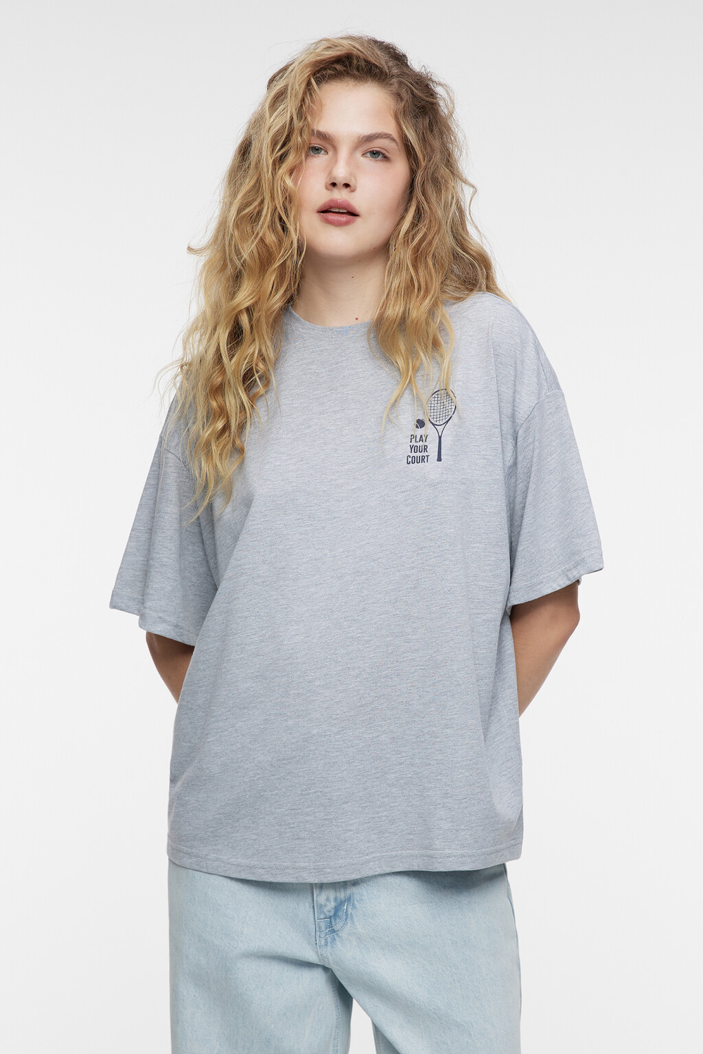 Футболка oversize хлопковая с принтом-надписью - цвет серый - 1