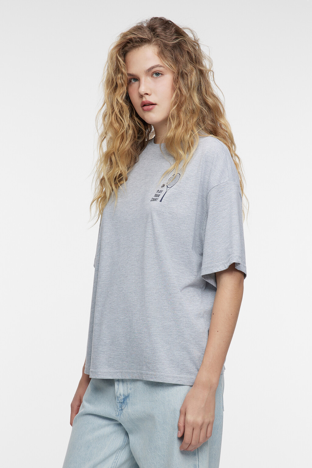 Футболка oversize хлопковая с принтом-надписью - цвет серый - 2