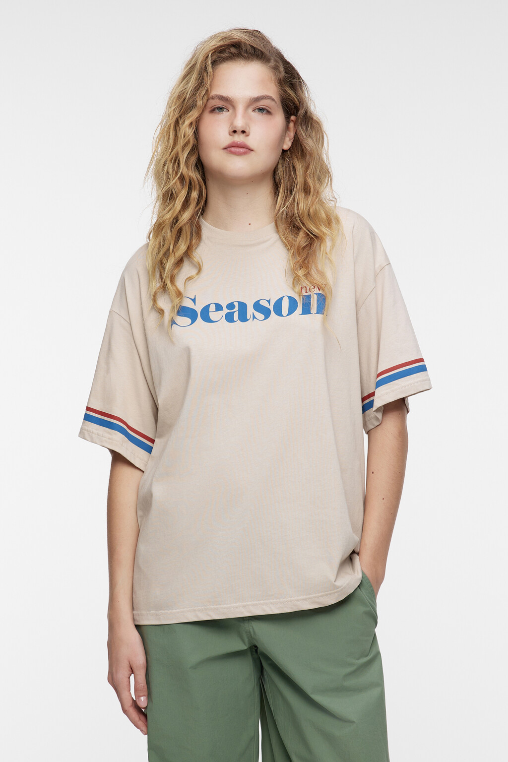 Футболка oversize хлопковая с принтом-надписью - цвет бежевый - 1