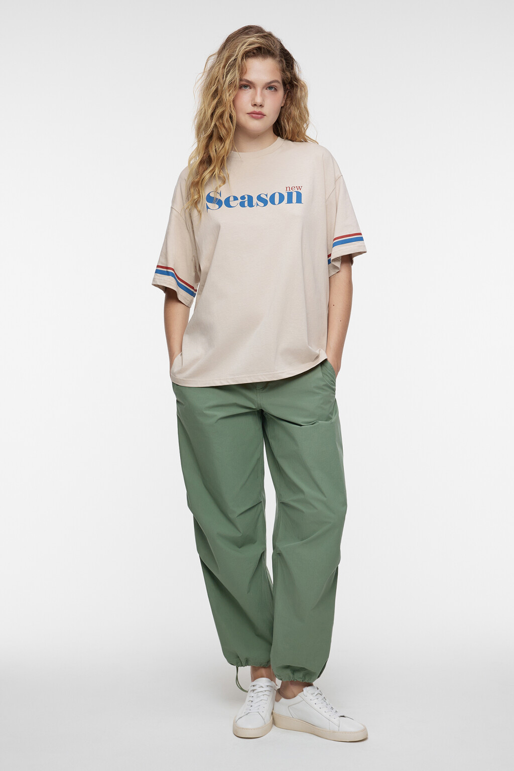 Футболка oversize хлопковая с принтом-надписью - цвет бежевый - 4