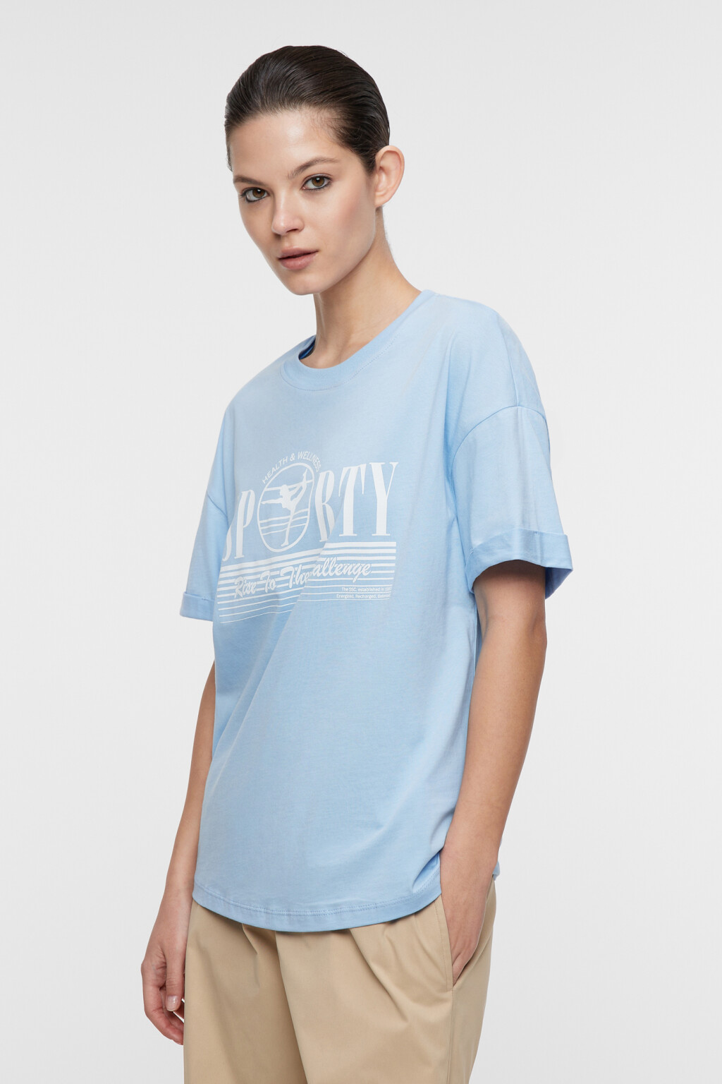 Футболка хлопковая свободного кроя с принтом - цвет голубой - 3