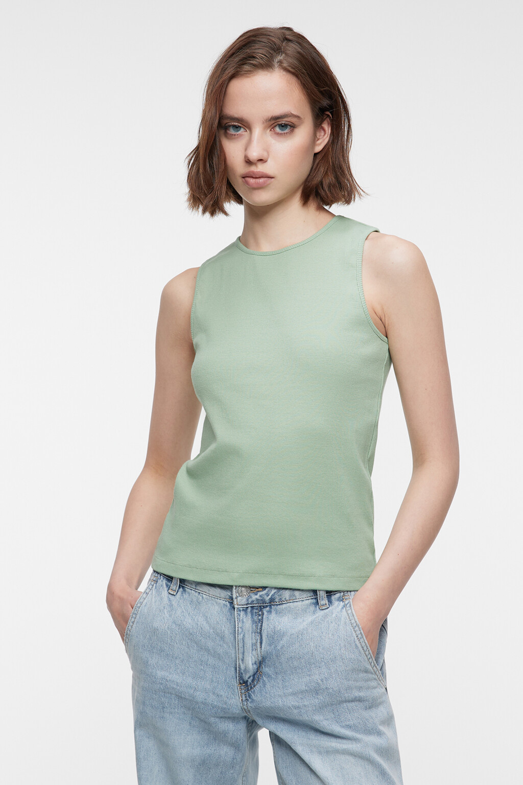 Майка облегающая хлопковая в рубчик - цвет зеленый - 1