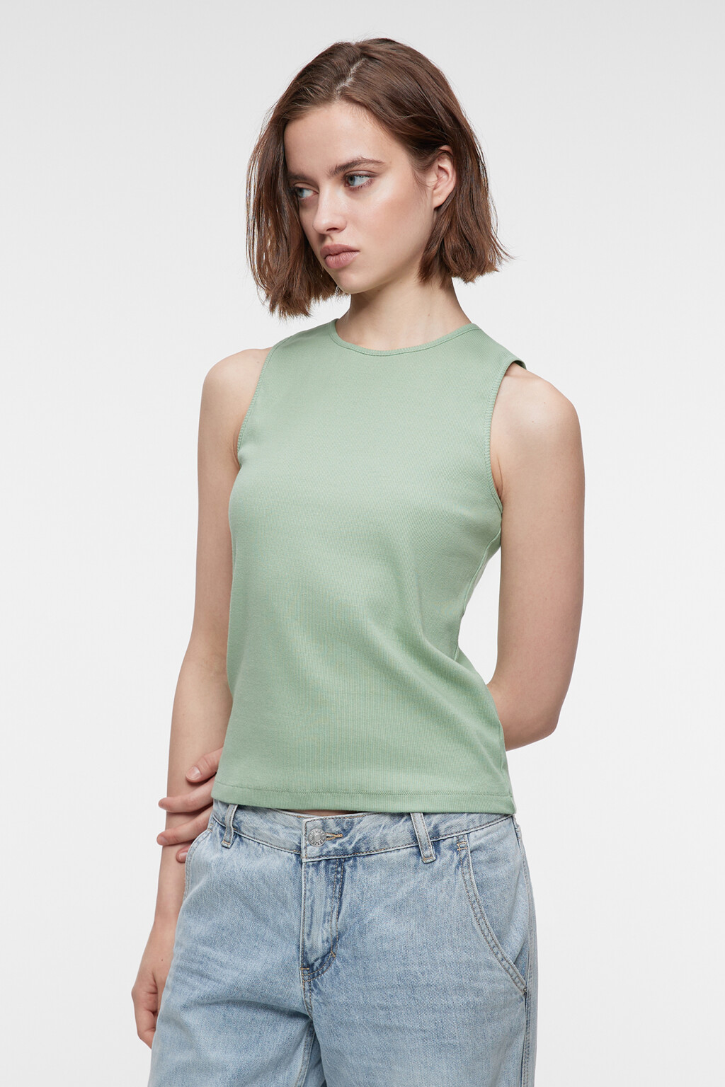 Майка облегающая хлопковая в рубчик - цвет зеленый - 2