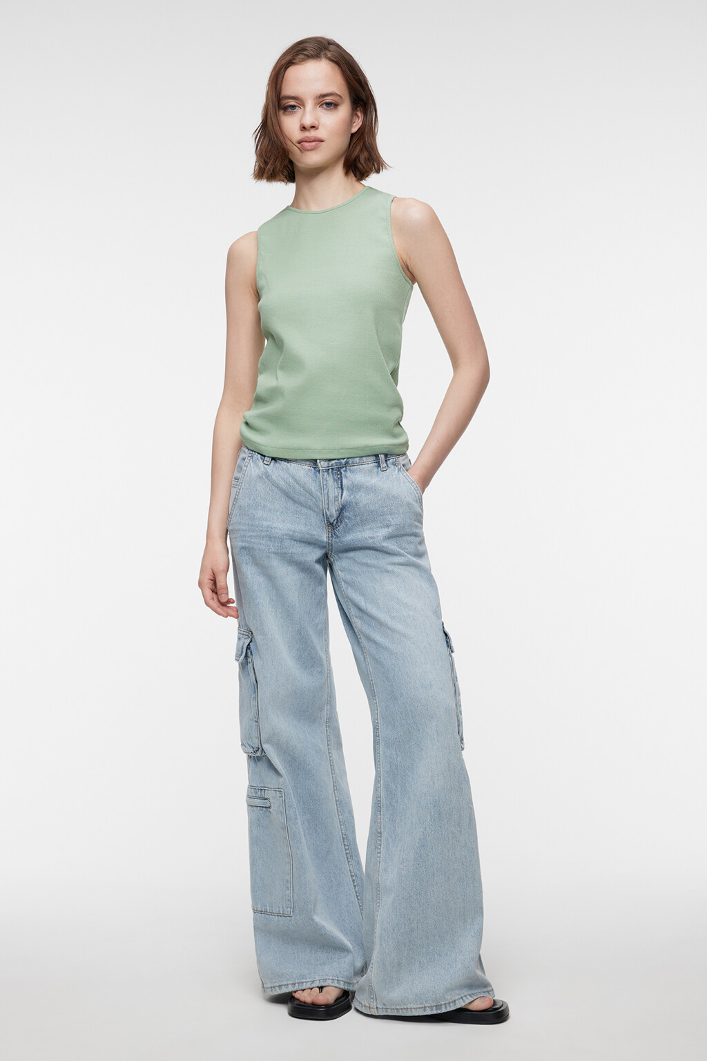 Майка облегающая хлопковая в рубчик - цвет зеленый - 4