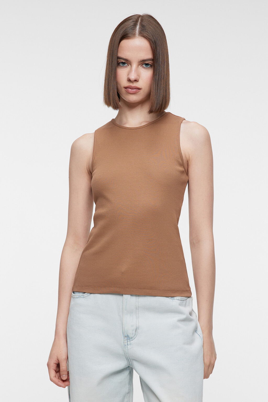 Майка облегающая хлопковая в рубчик - цвет бежевый - 1