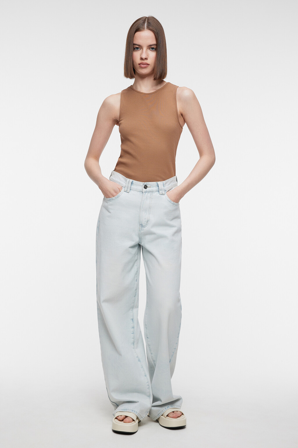 Майка облегающая хлопковая в рубчик - цвет бежевый - 4