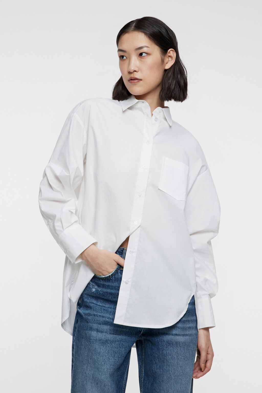 Рубашка oversize хлопковая с нагрудным карманом - цвет белый - 1