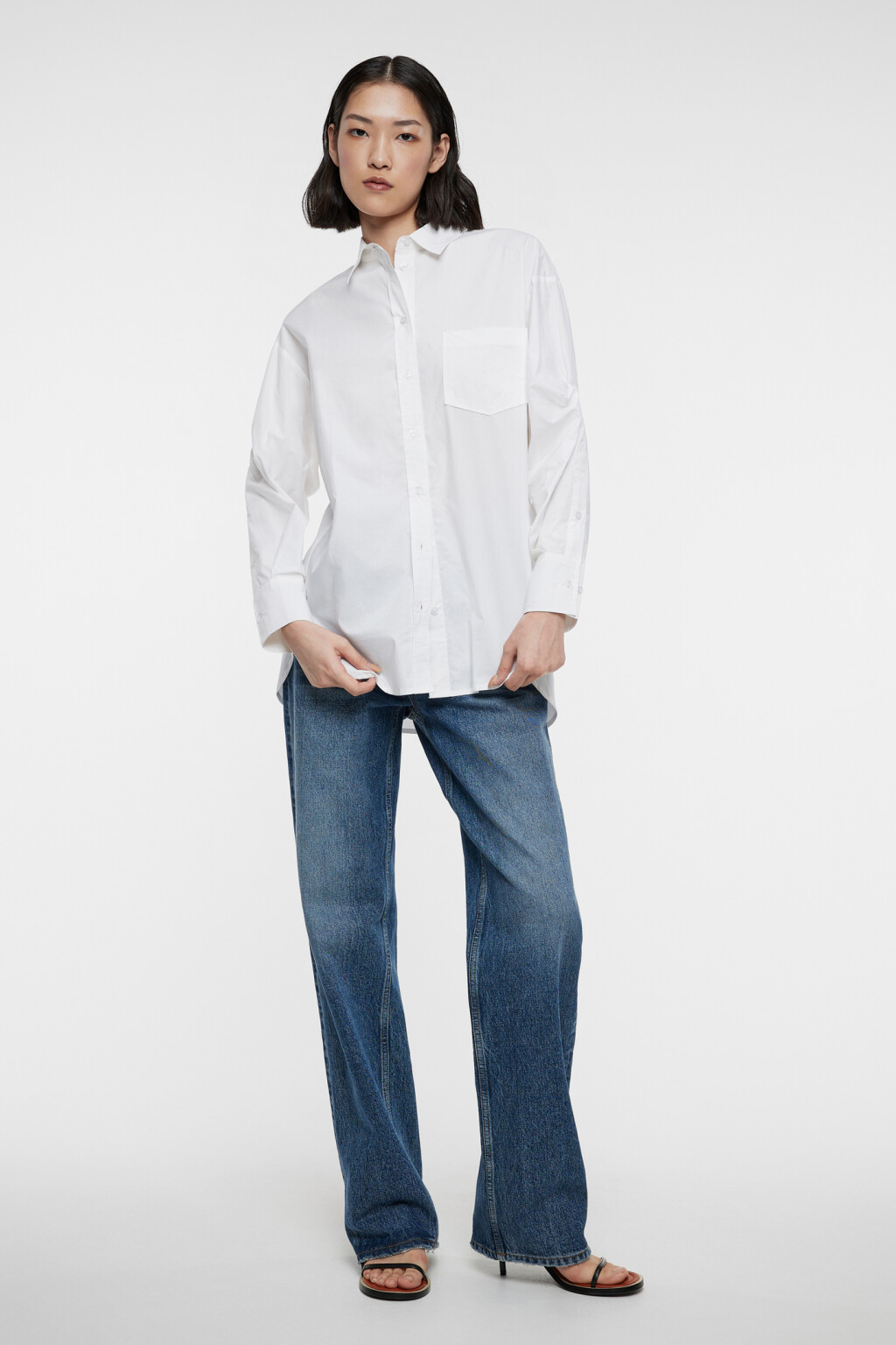 Рубашка oversize хлопковая с нагрудным карманом - цвет белый - 4