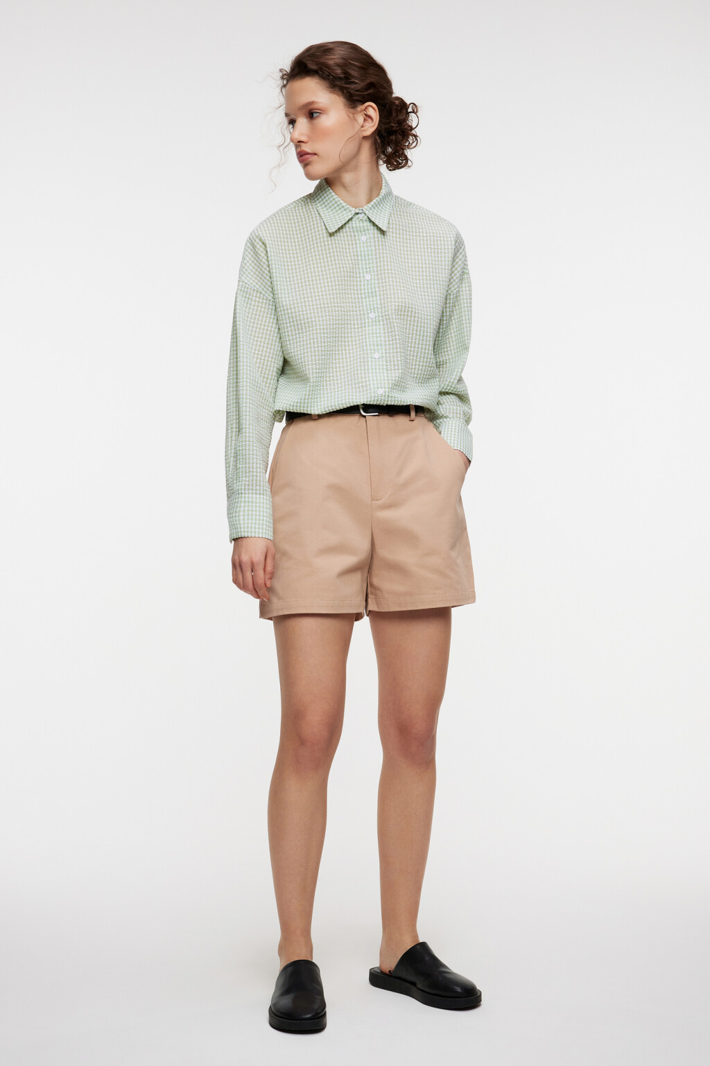 Блузка-рубашка oversize клетчатая из фактурной ткани - цвет зеленый - 1