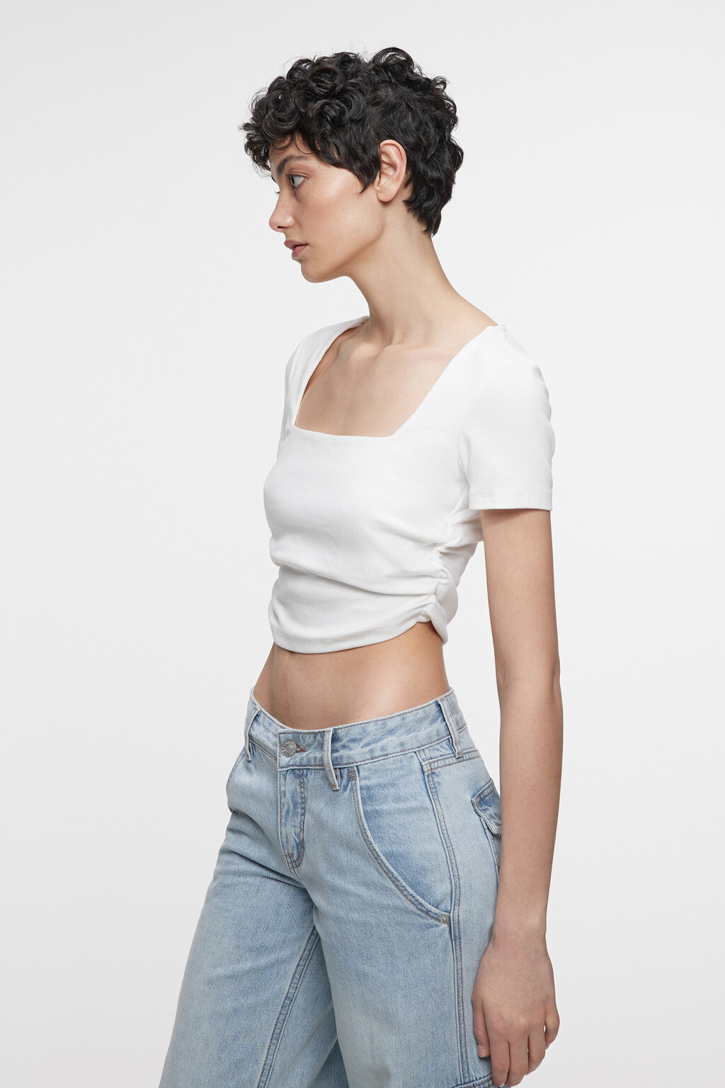 Топ-футболка хлопковый облегающий с вырезом каре - цвет белый - 2