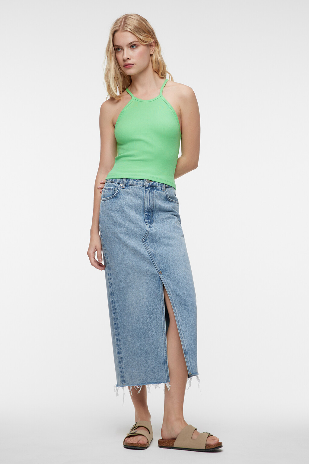 Топ-майка облегающий хлопковый на тонких бретелях - цвет зеленый - 4