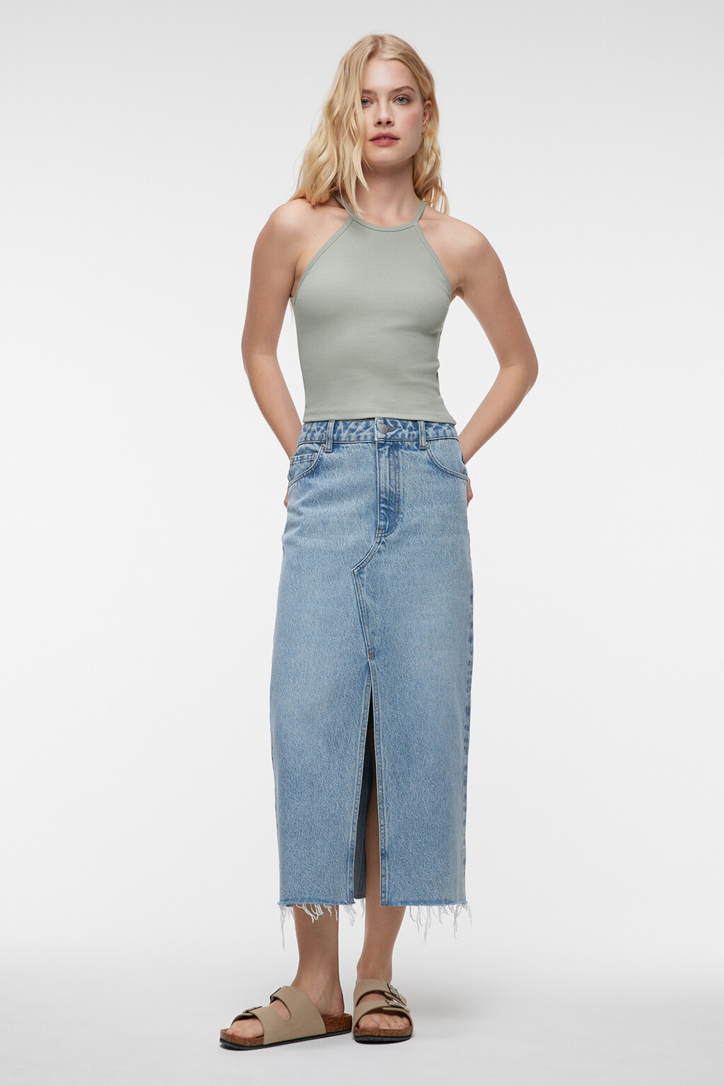 Топ-майка облегающий хлопковый на тонких бретелях - цвет зеленый - 4