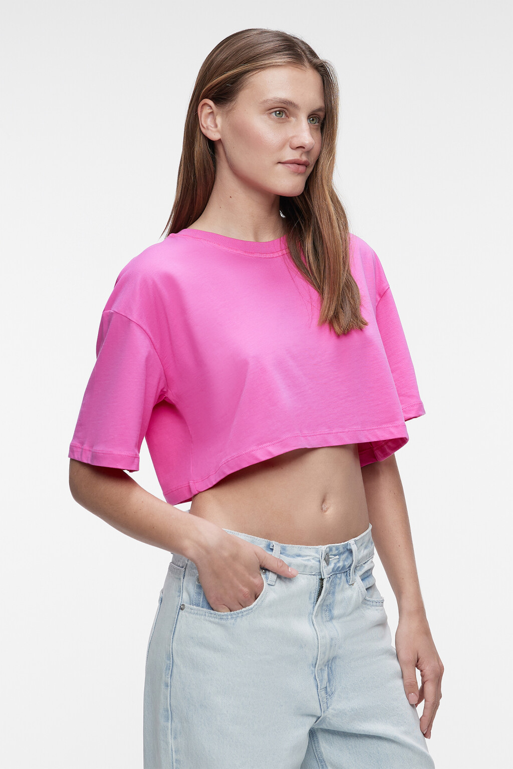 Футболка-топ oversize укороченная однотонная - цвет розовый - 3