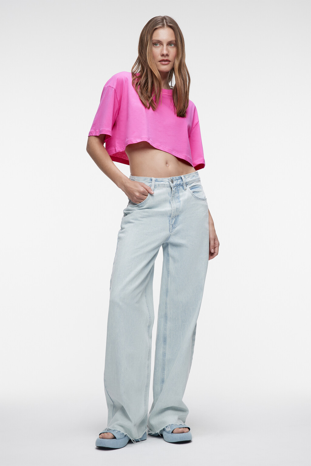 Футболка-топ oversize укороченная однотонная - цвет розовый - 1