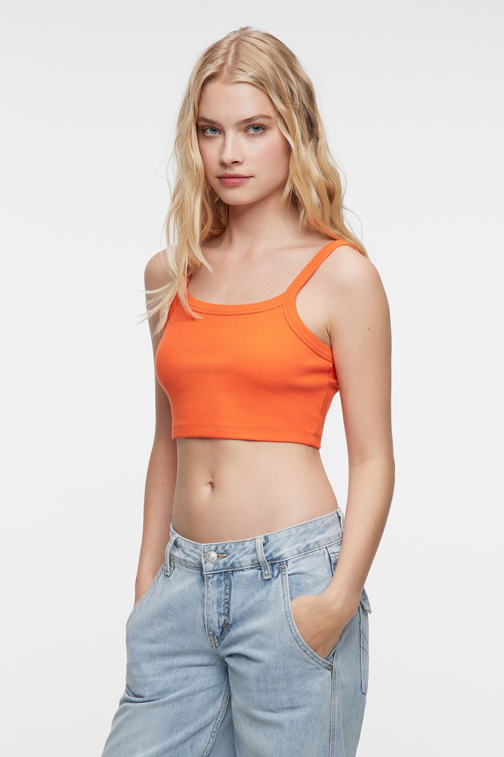 Майка-топ укороченная хлопковая в рубчик - цвет оранжевый - 2