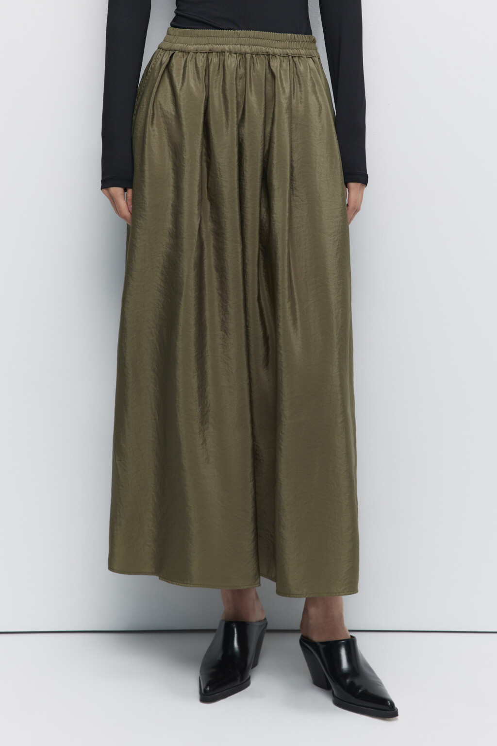 Юбка миди пышная с поясом на резинке и карманами - цвет зеленый - 2