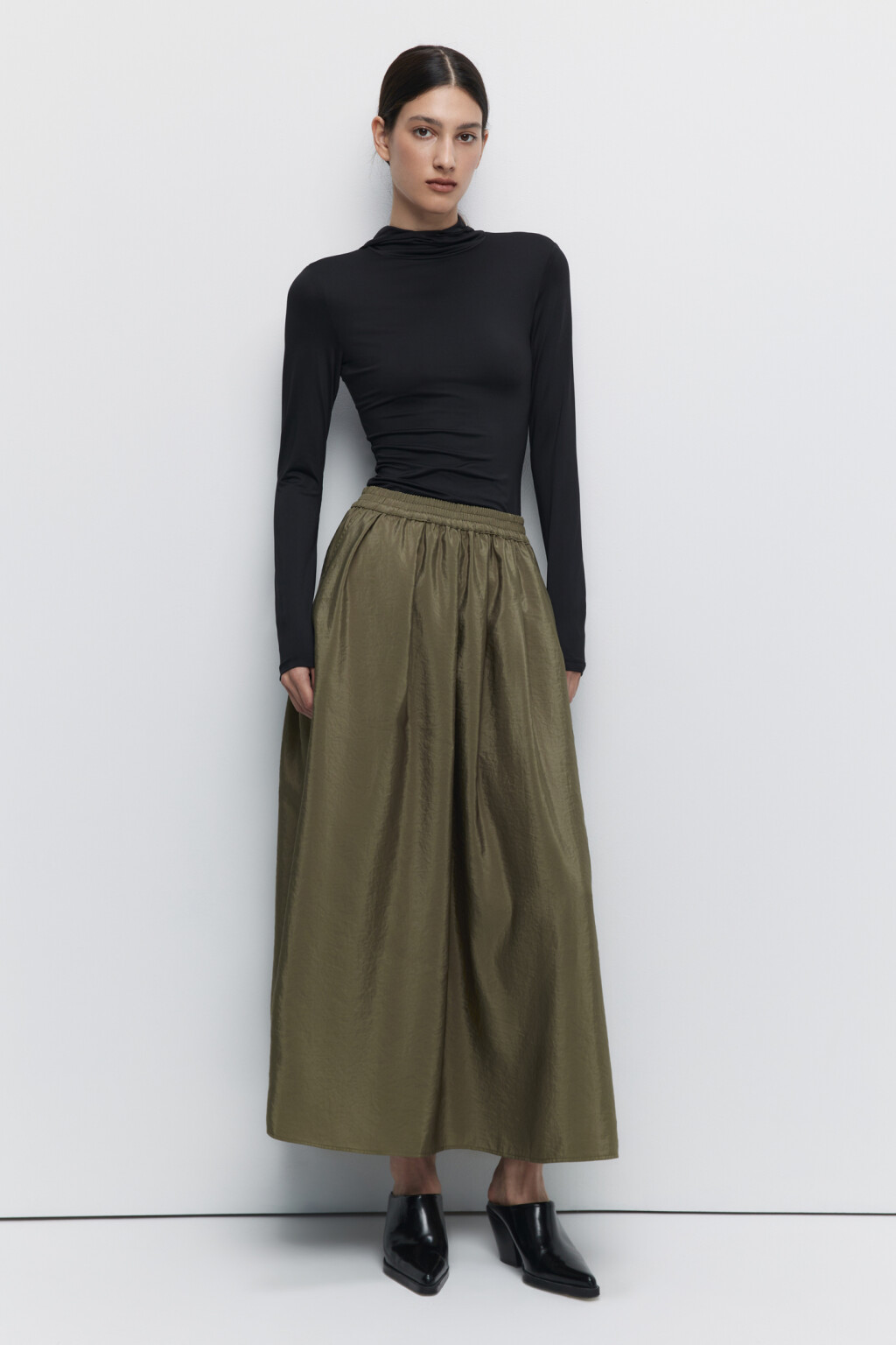 Юбка миди пышная с поясом на резинке и карманами - цвет зеленый - 5