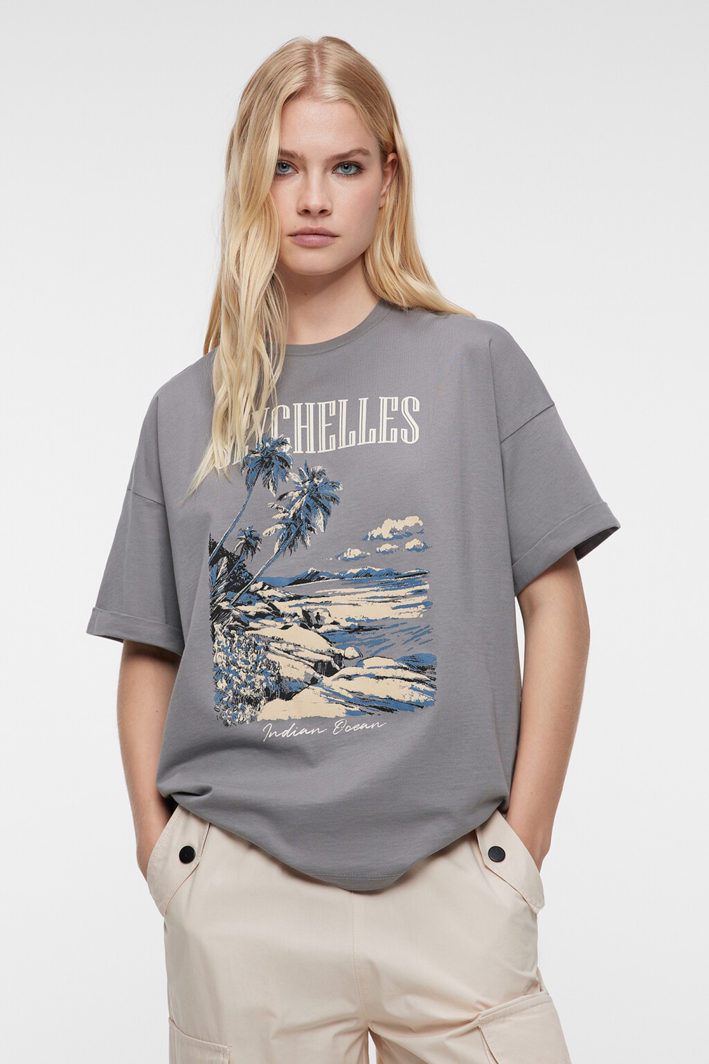 Футболка oversize хлопковая с принтом - цвет серый - 2