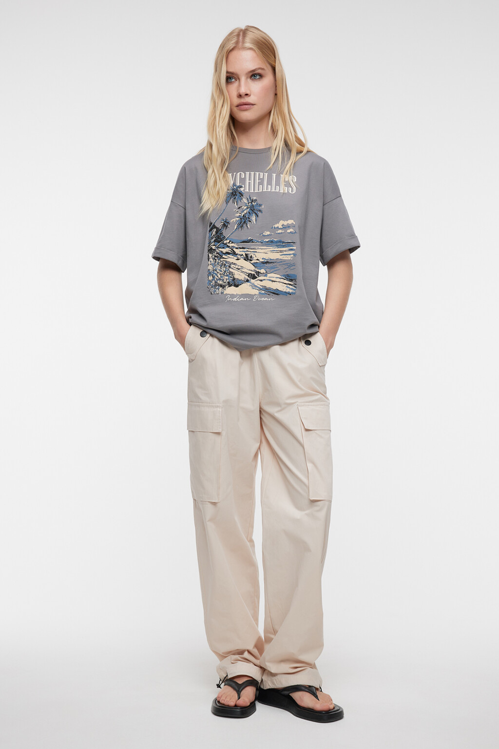 Футболка oversize хлопковая с принтом - цвет серый - 1