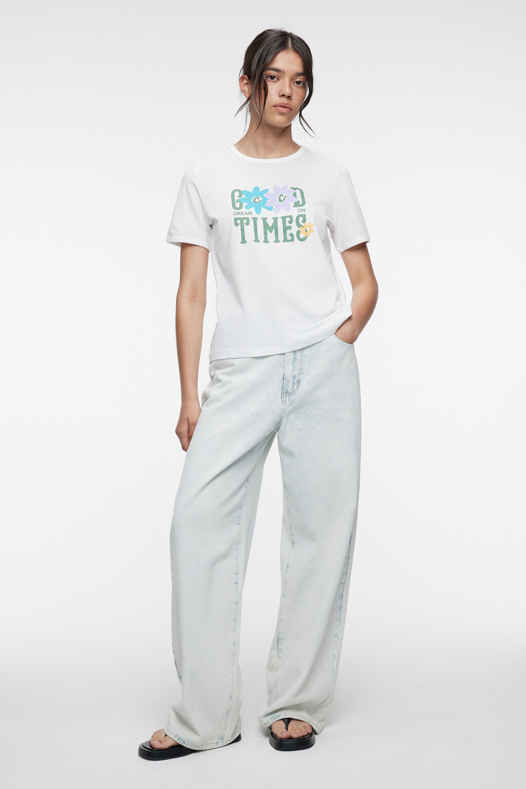 Футболка прямая хлопковая с летним принтом - цвет белый - 1