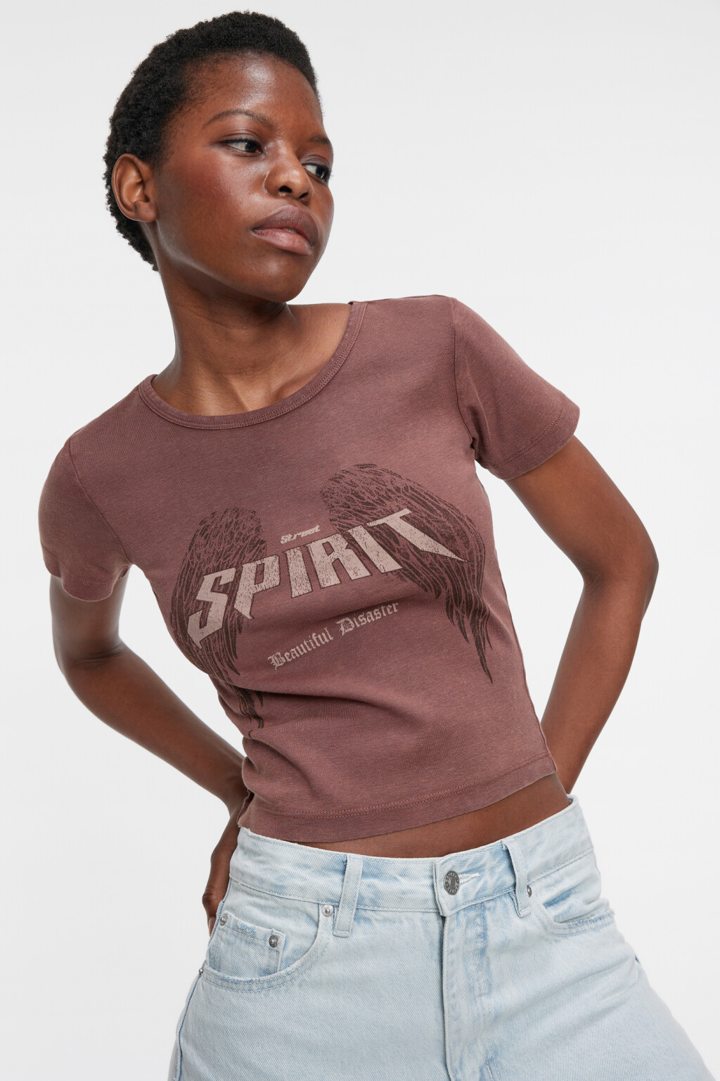 Футболка-топ укороченная хлопковая с принтом - цвет коричневый - 7