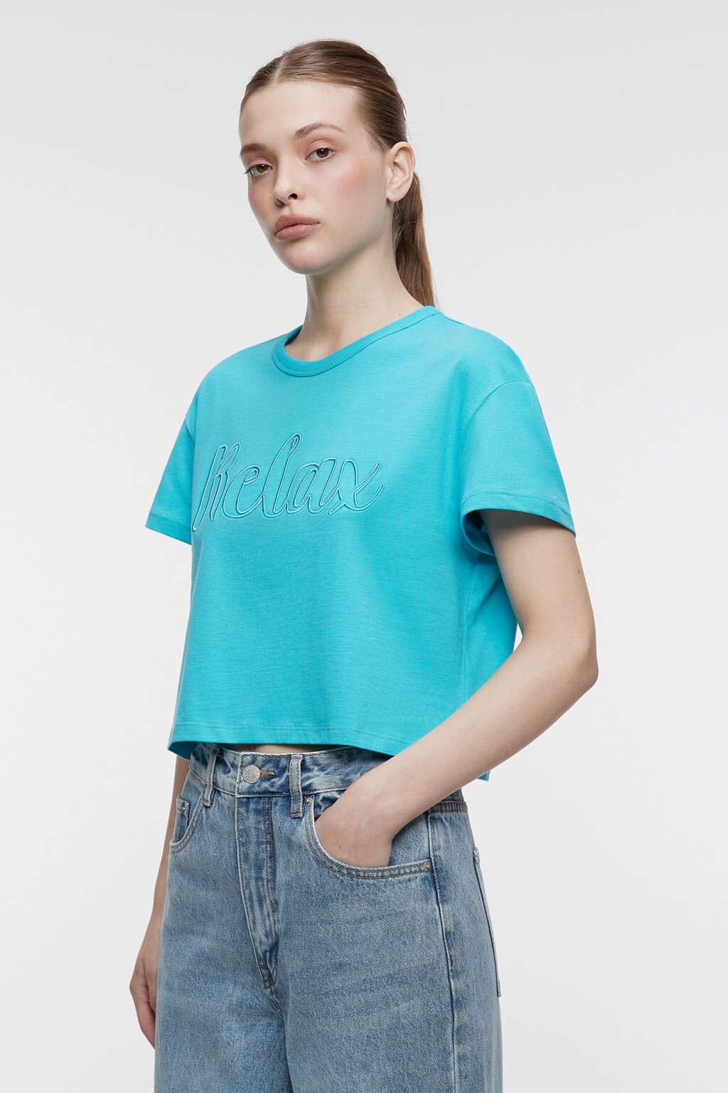Топ-футболка oversize укороченный с принтом-надписью - цвет голубой - 6