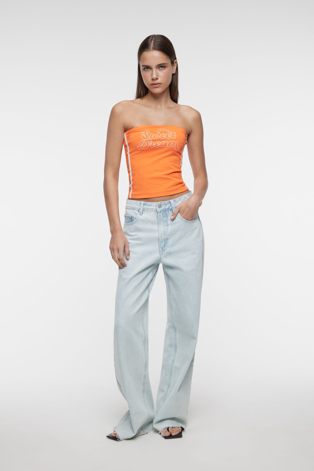 Топ-бандо хлопковый облегающий с принтом-надписью - цвет оранжевый - 4