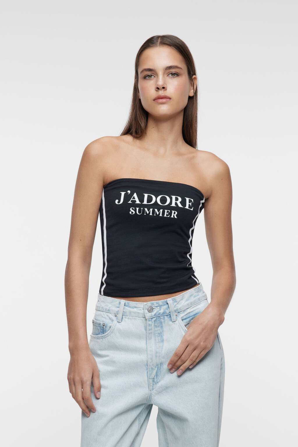 Топ-бандо хлопковый облегающий с принтом-надписью - цвет черный - 1