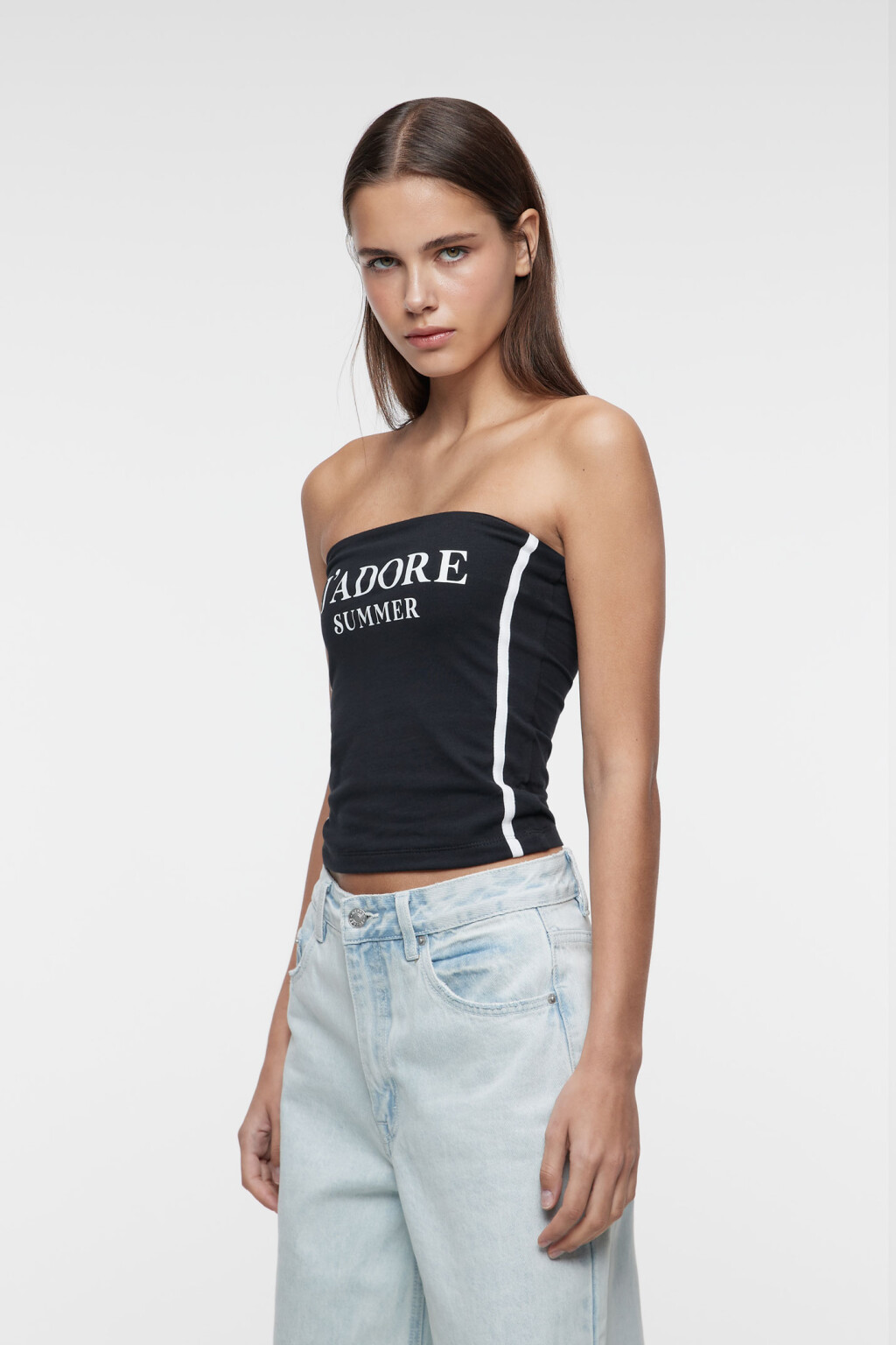 Топ-бандо хлопковый облегающий с принтом-надписью - цвет черный - 2