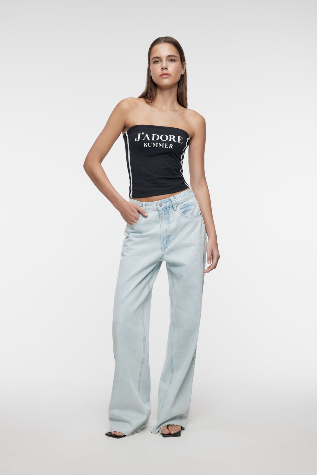 Топ-бандо хлопковый облегающий с принтом-надписью - цвет черный - 4