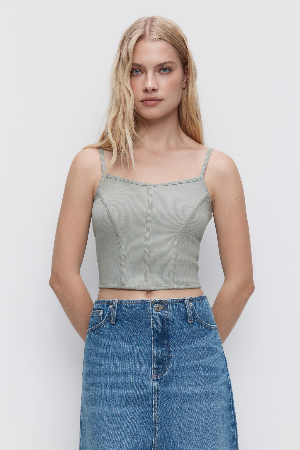 Топ-майка на тонких бретельках в корсетном стиле - цвет зеленый - 2