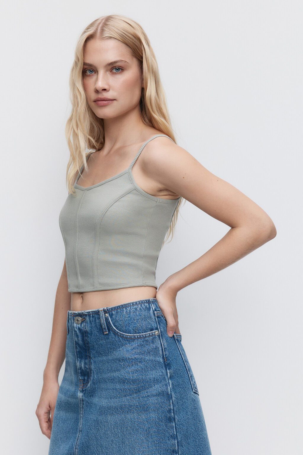 Топ-майка на тонких бретельках в корсетном стиле - цвет зеленый - 3