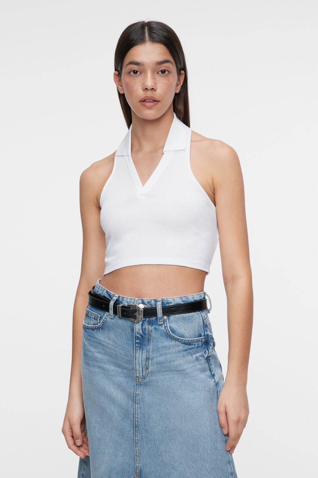 Топ-майка хлопковый укороченный с воротником поло - цвет белый - 1