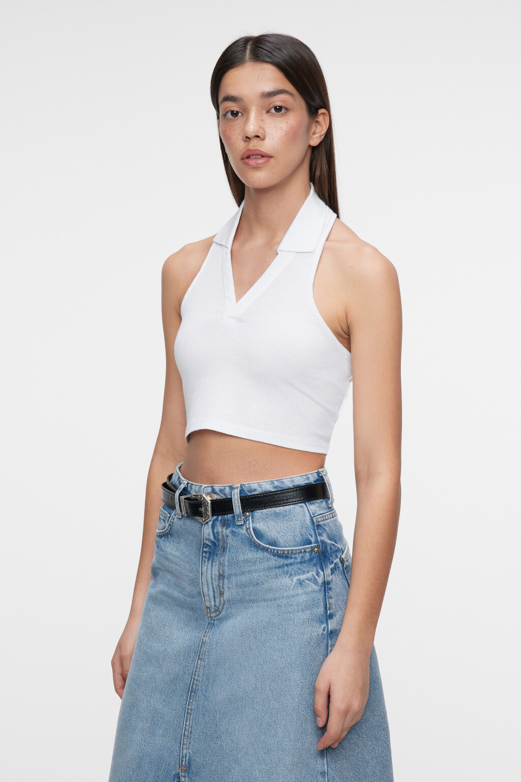 Топ-майка хлопковый укороченный с воротником поло - цвет белый - 2