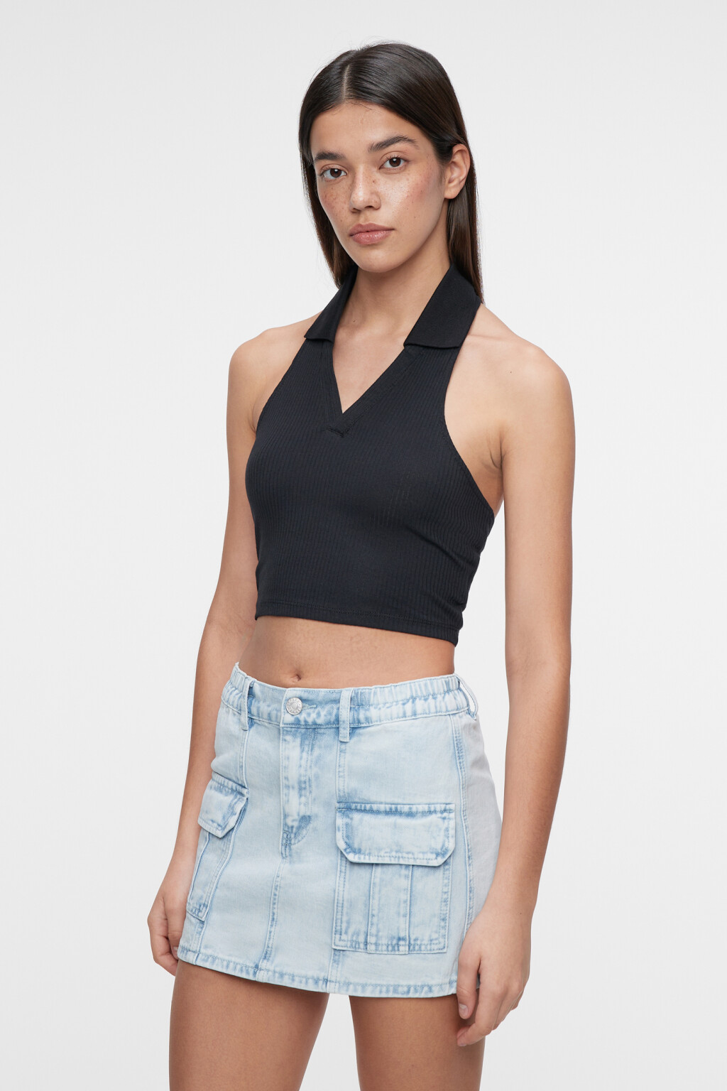 Топ-майка хлопковый укороченный с воротником поло - цвет черный - 2