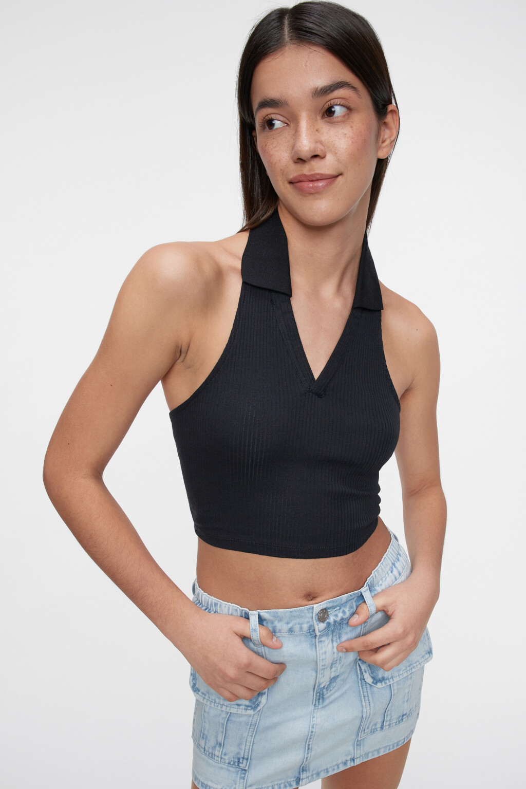 Топ-майка хлопковый укороченный с воротником поло - цвет черный - 6